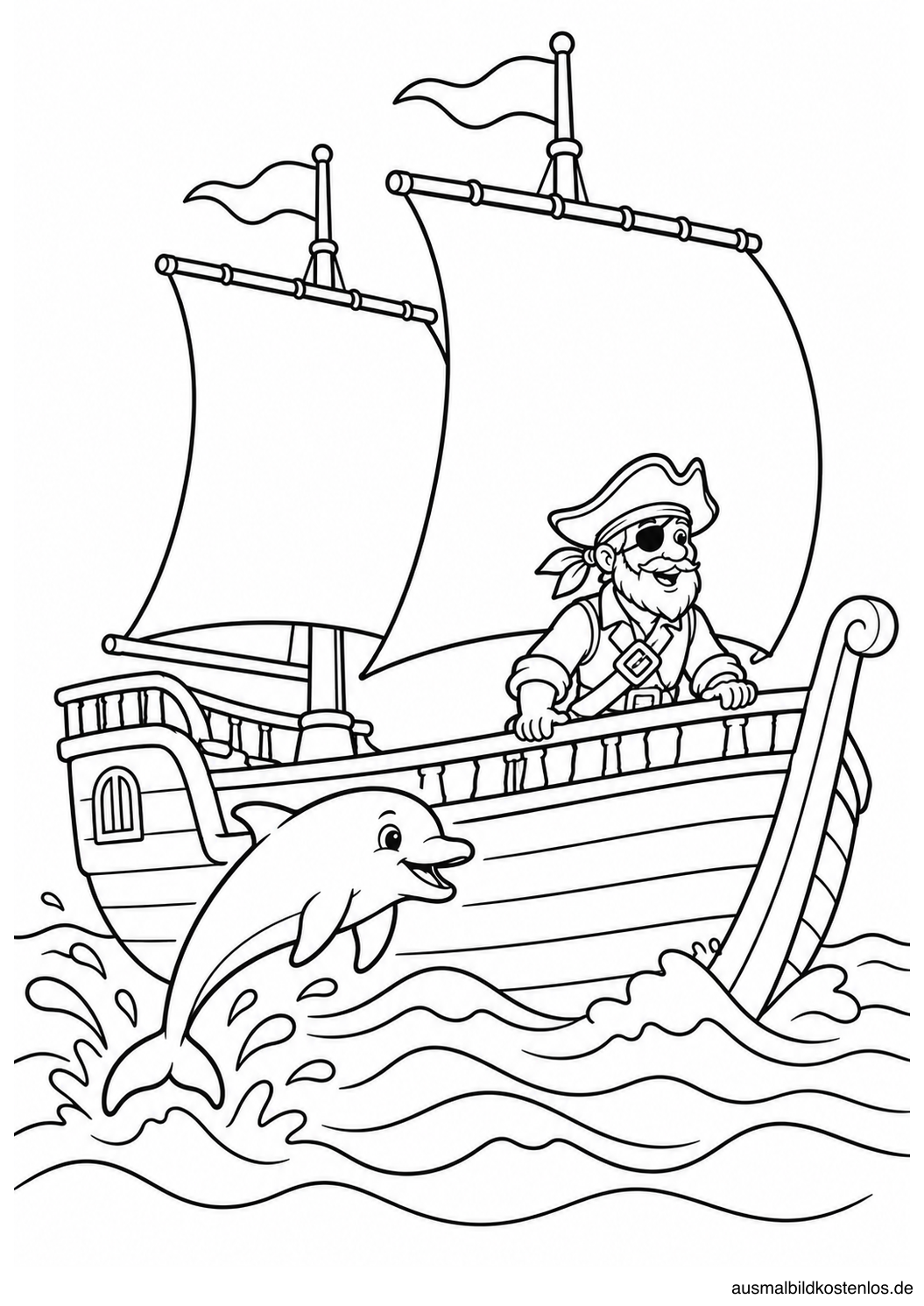 Zwei große Segel tragen ein Schiff über die Wellen, daneben springt ein Delfin.