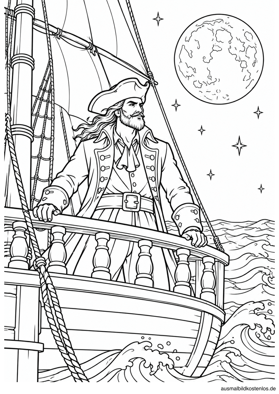 Ein Kapitän steht an der Reling unter Mond und Sternen.