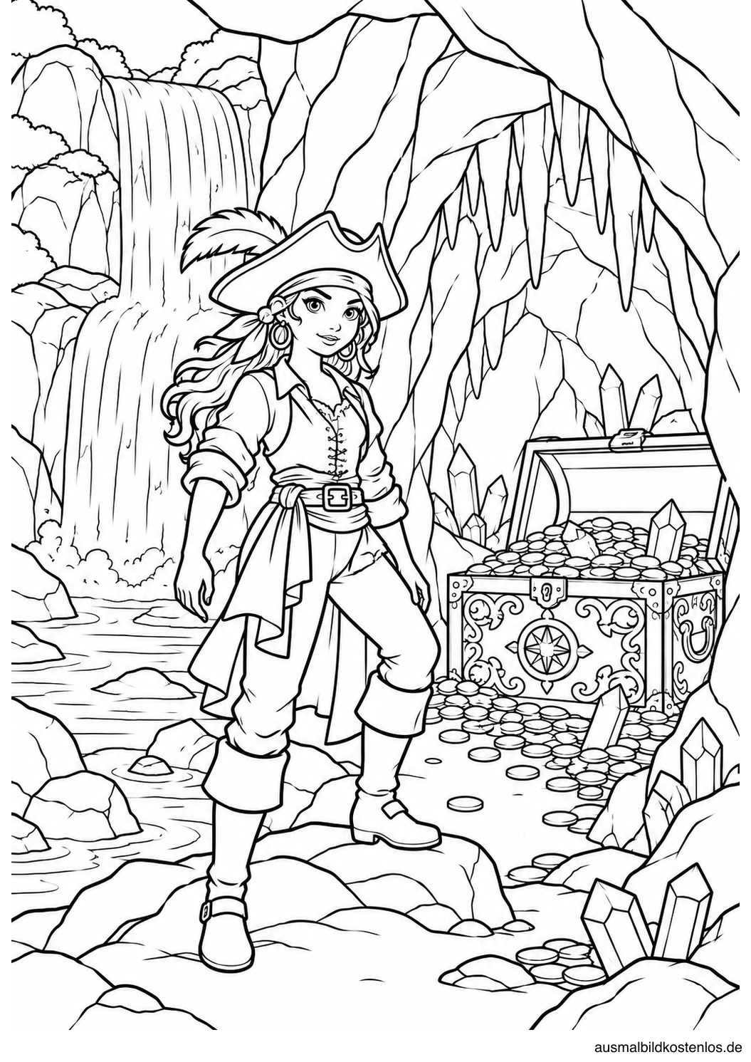 Eine Piratin entdeckt eine verzierte Schatztruhe in einer Felsenhöhle am Wasserfall.