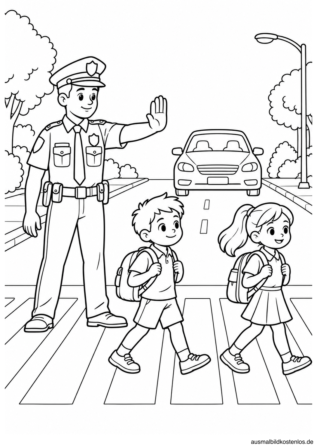 Polizist mit erhobener Hand neben zwei Schulkindern am Zebrastreifen und wartendem Auto.