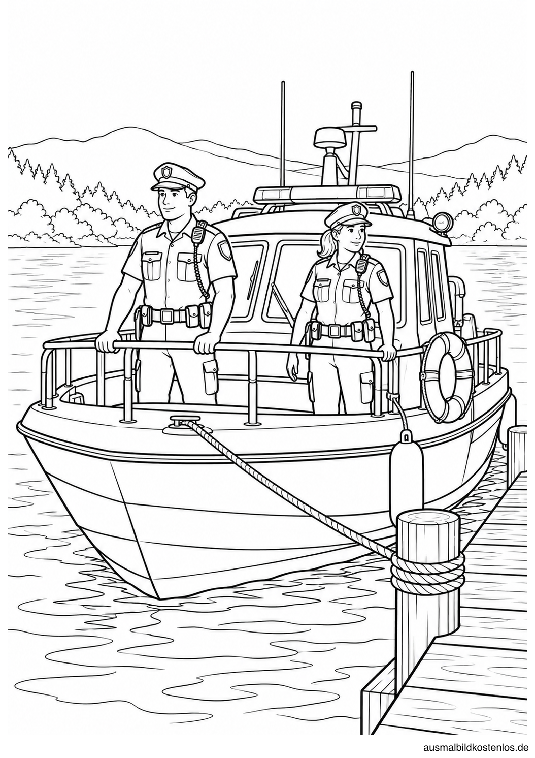 Polizeiboot mit zwei Polizeikräften, Rettungsring und Festmachertau an einem Holzsteg.