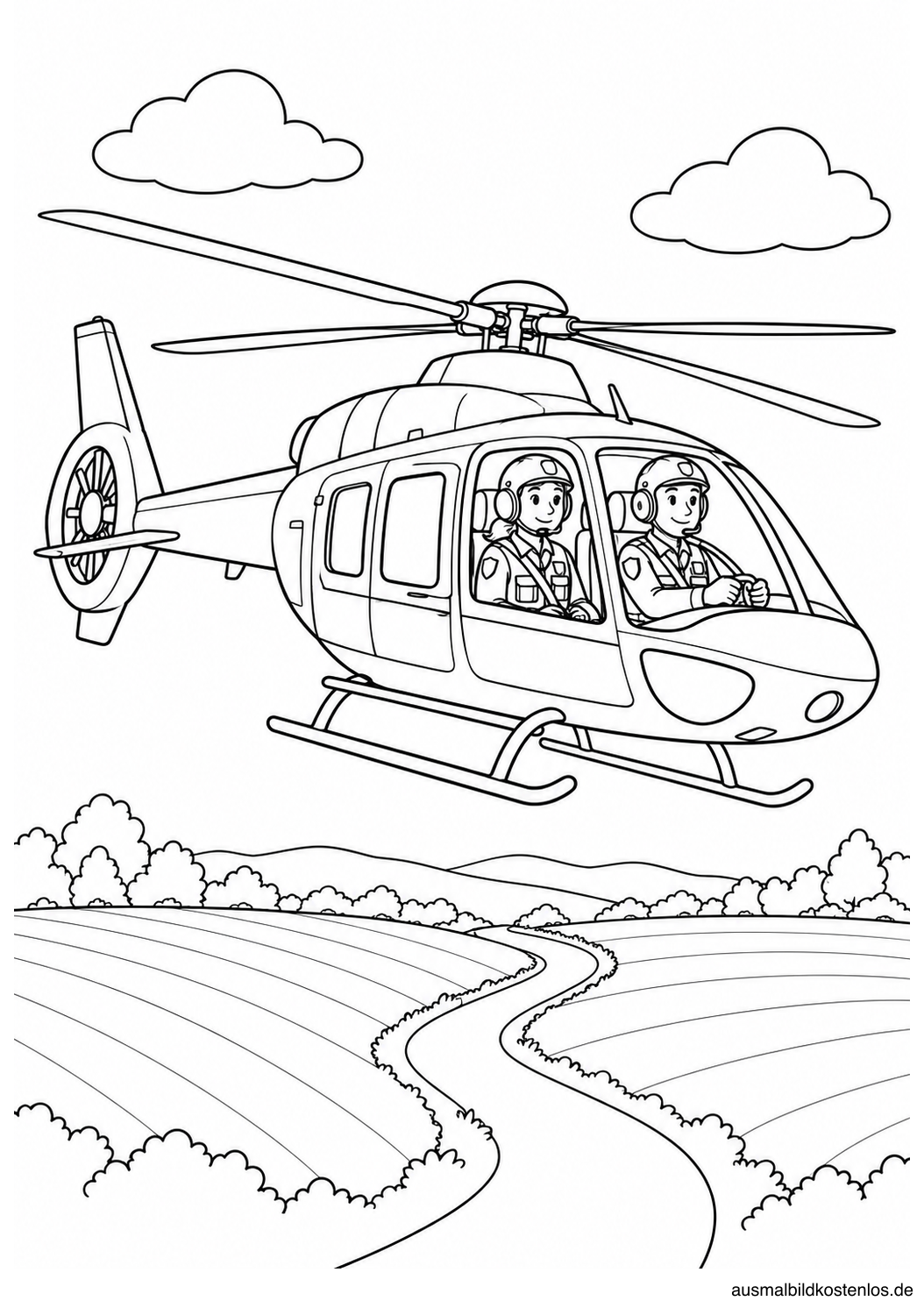 Polizeihubschrauber über zwei Feldern mit geschwungenem Weg und zwei Wolken am Himmel.