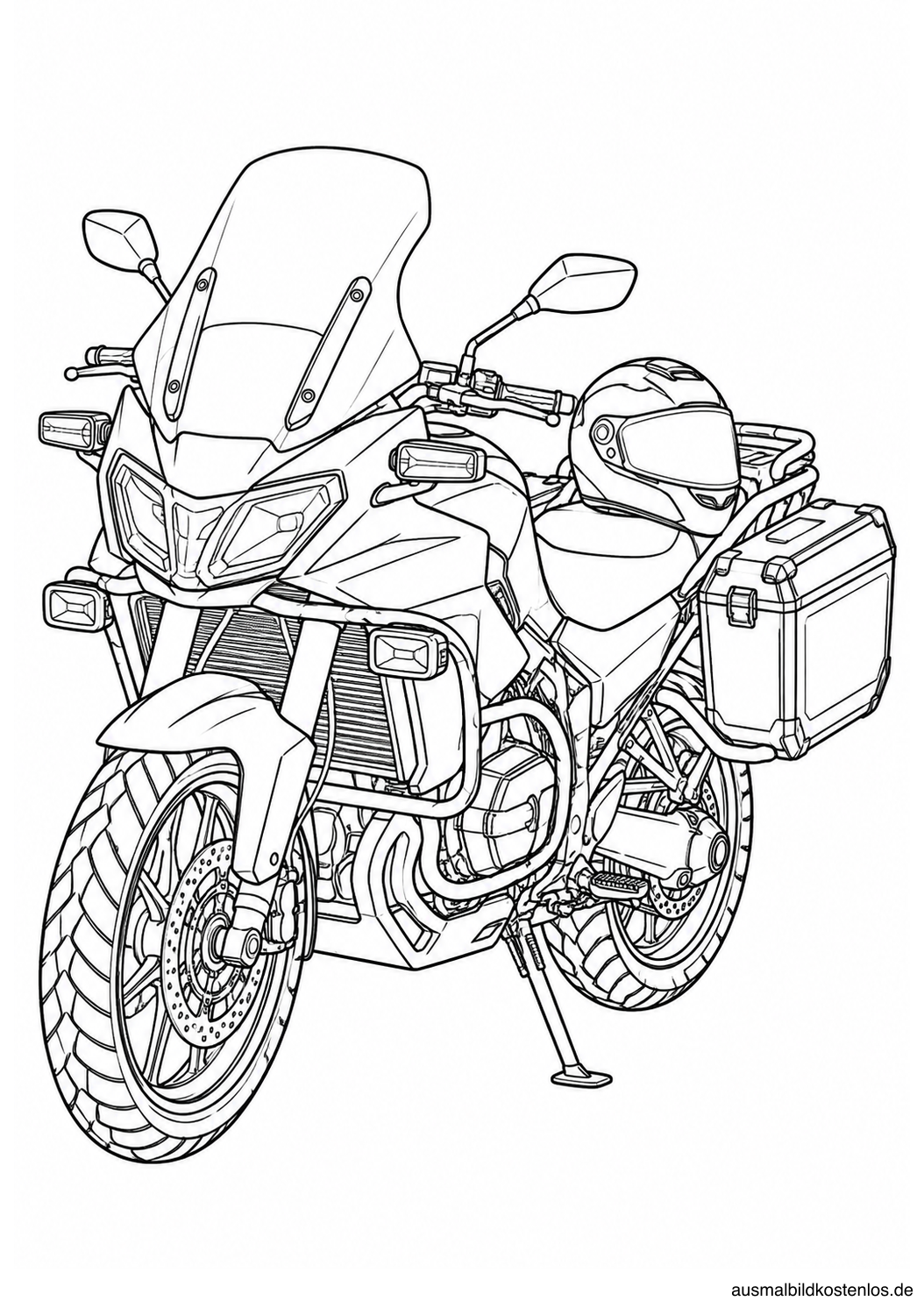 Polizeimotorrad auf seinem Ständer mit Windschutzscheibe, Seitenkoffer und Helm auf der Sitzbank.