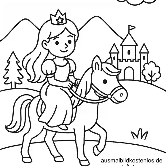 Ausmalbild Prinzessin reitet auf Pferd vor Schloss