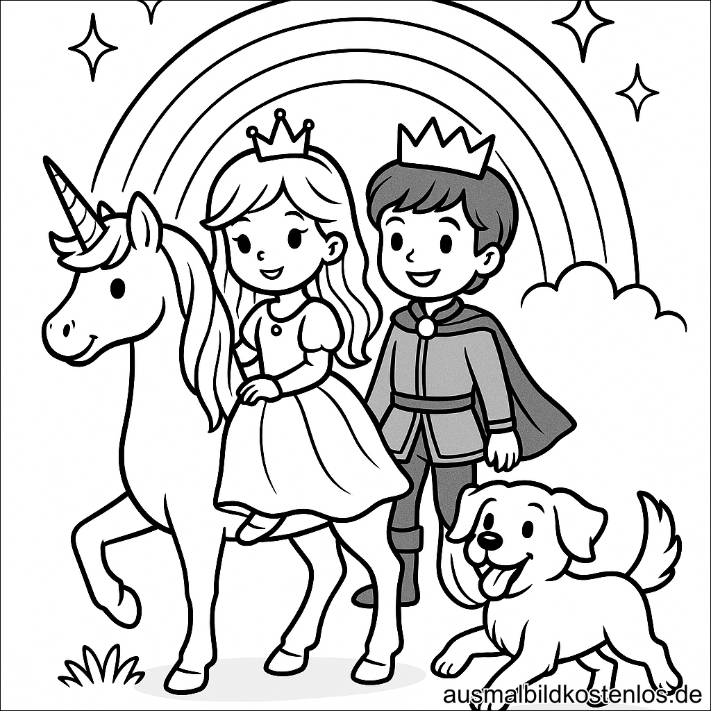 Prinzessin auf Einhorn mit Prinz und Hund Ausmalbild