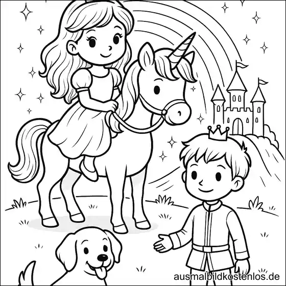 Prinzessin auf Einhorn mit Prinz und Hund Ausmalbild