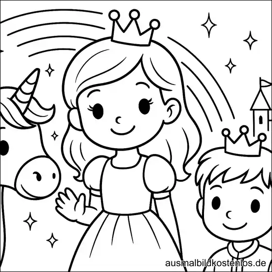 Ausmalbild einer Prinzessin mit Prinz und Einhorn vor einem Schloss mit Regenbogen und funkelnden Sternen