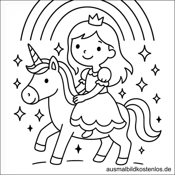 Ausmalbild einer Prinzessin auf einem Einhorn mit Regenbogen und funkelnden Sternen