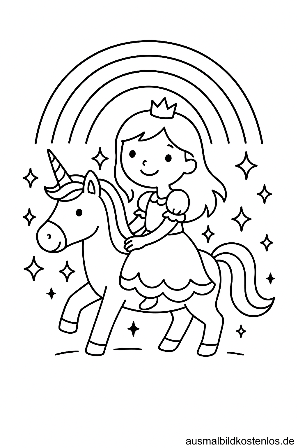 Ausmalbild einer Prinzessin auf einem Einhorn mit Regenbogen und funkelnden Sternen