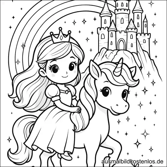 Prinzessin auf Einhorn Ausmalbild mit Schloss und Regenbogen