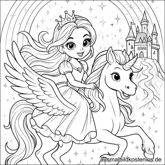Ausmalbild einer Prinzessin auf einem fliegenden Einhorn mit Schloss, Regenbogen und funkelnden Sternen