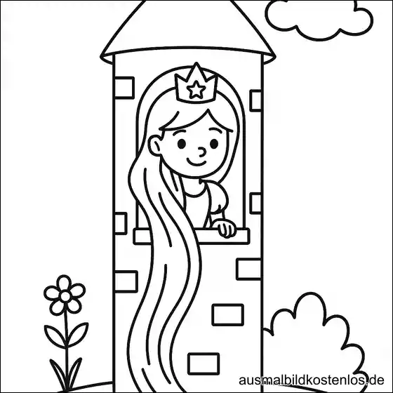 Ausmalbild Prinzessin schaut aus einem Turm