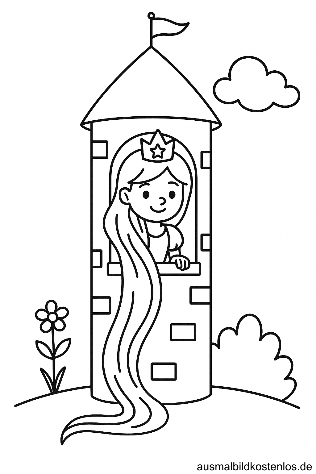 Ausmalbild Prinzessin schaut aus einem Turm