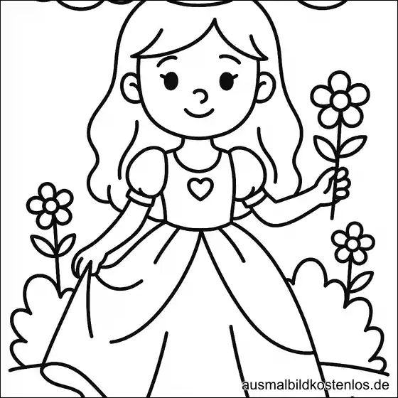 Ausmalbild Prinzessin mit Blume und Krone