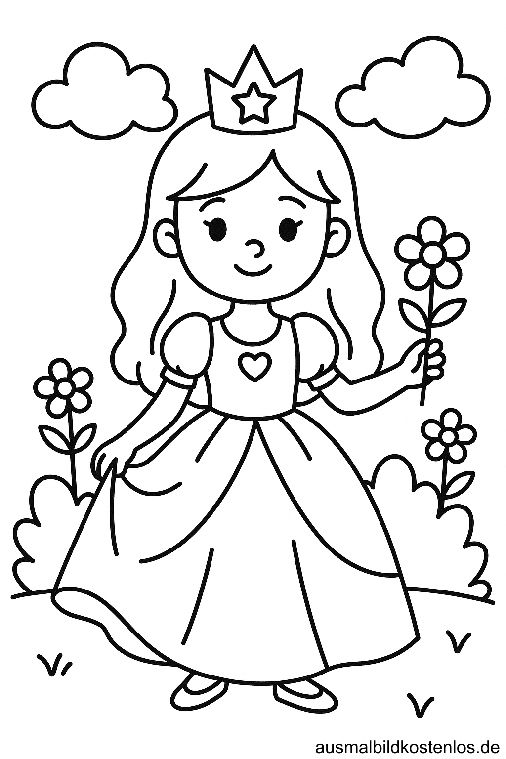Ausmalbild Prinzessin mit Blume und Krone