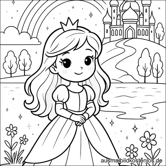 Prinzessin mit Schloss & Regenbogen Ausmalbild