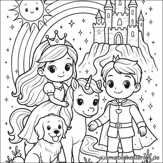 Prinzessin, Prinz und Einhorn Ausmalbild mit Schloss und Regenbogen