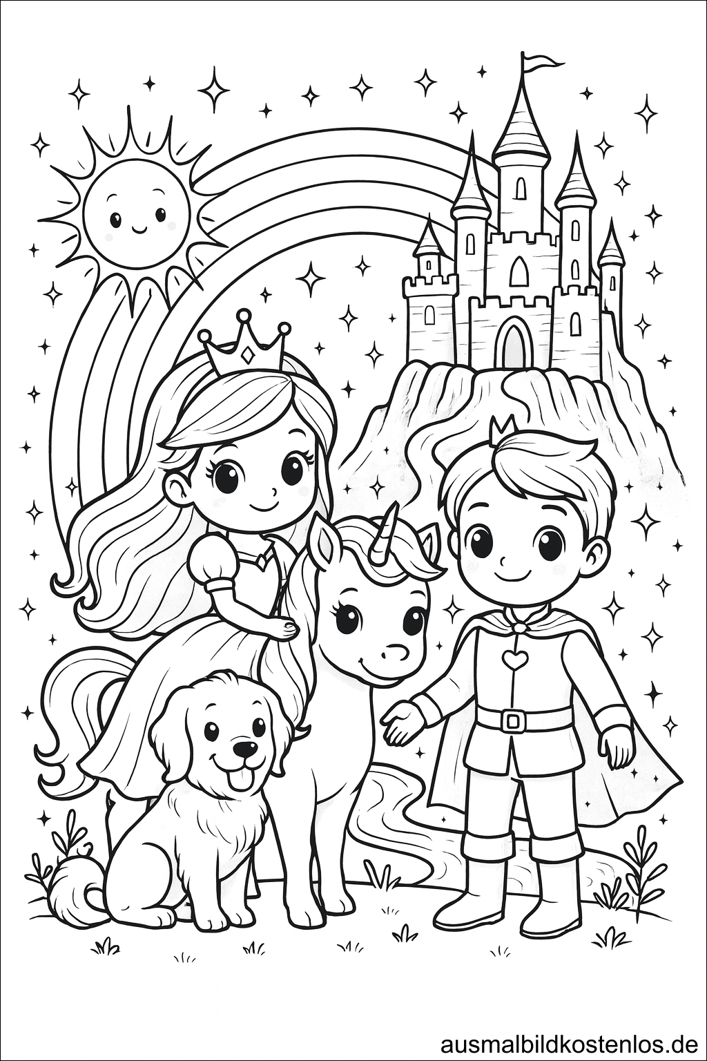 Prinzessin, Prinz und Einhorn Ausmalbild mit Schloss und Regenbogen