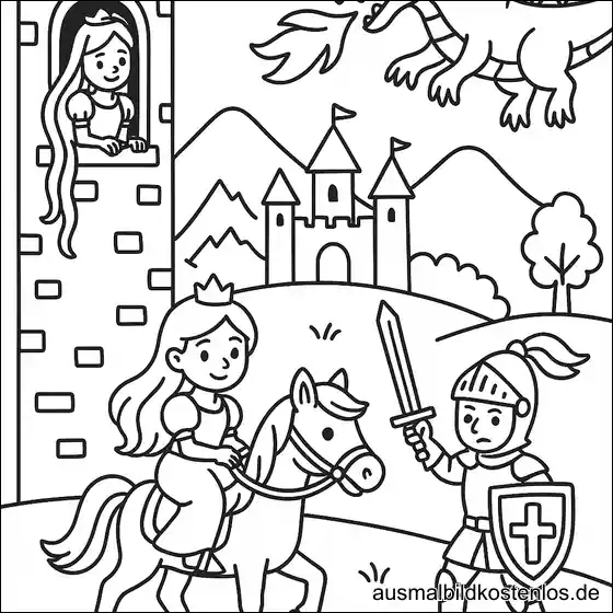 Ausmalbild Prinzessin auf Pferd, Ritter und Drache vor Schloss