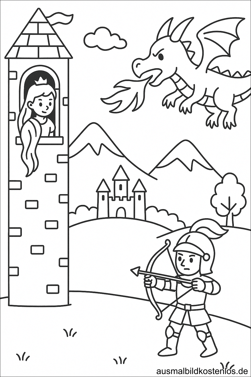 Ausmalbild Prinzessin im Turm, Bogenschütze kämpft gegen Drache