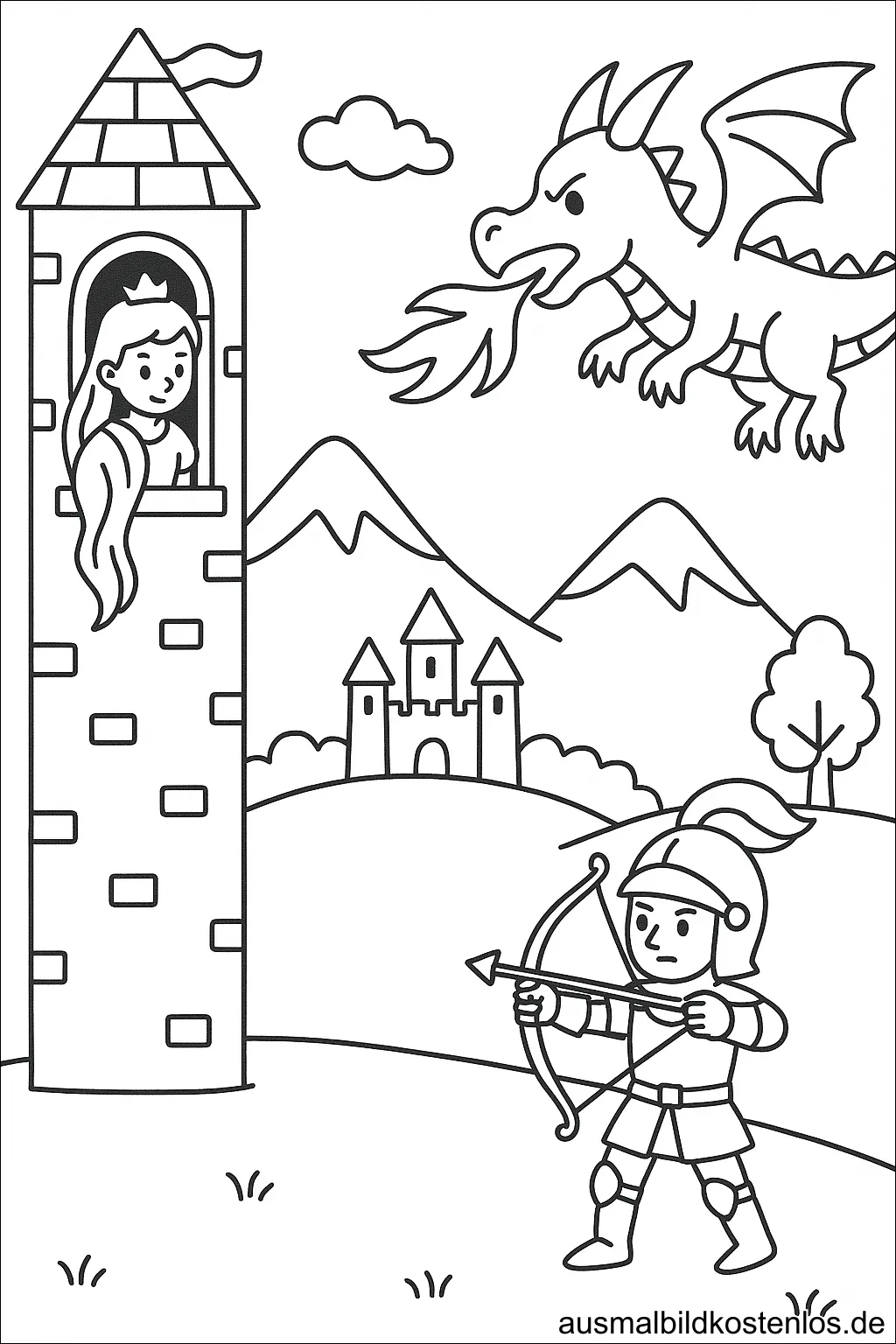 Ausmalbild Prinzessin im Turm, Bogenschütze kämpft gegen Drache