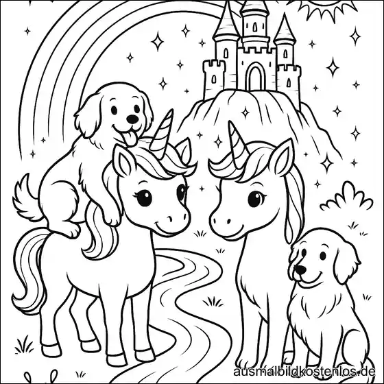 Ausmalbild mit zwei Einhörnern und Hunde-Mama vor Schloss und Regenbogen