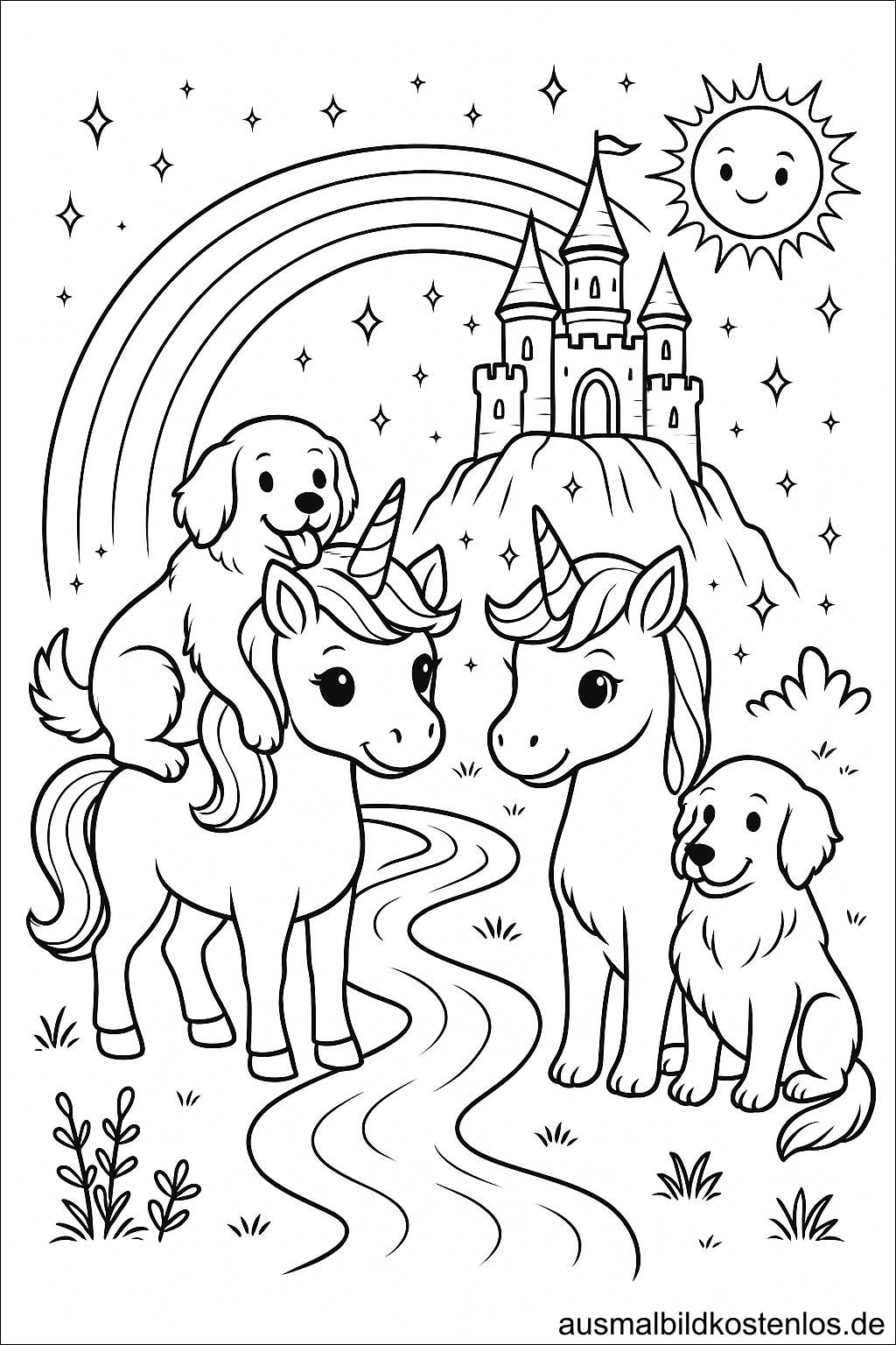Ausmalbild mit zwei Einhörnern und Hunde-Mama vor Schloss und Regenbogen