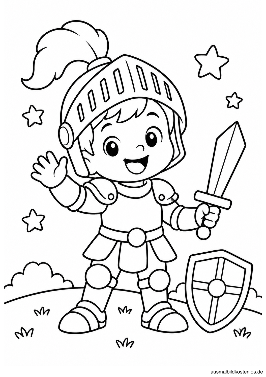 Kleiner Ritter mit großem Helm: Schwarz-Weiß-Ausmalbild mit Helm, Schwert, Schild und Sterne