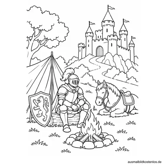 Ritter am Lagerfeuer vor der Burg