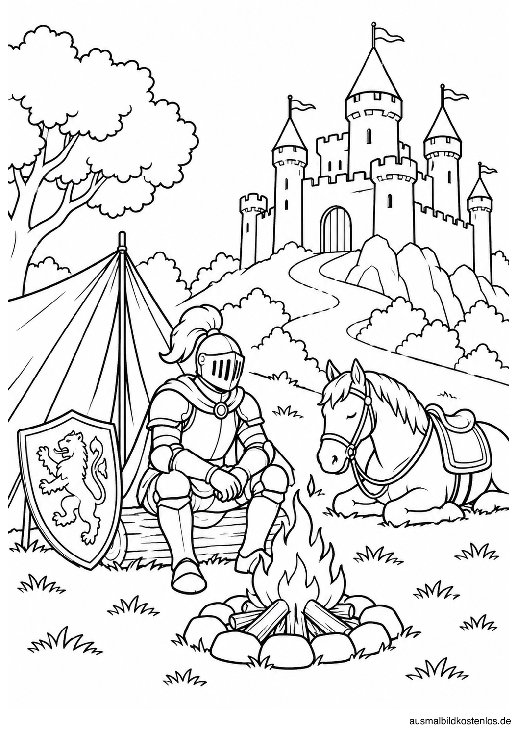 Ritter und Pferd am Lagerfeuer mit Burg im Hintergrund.