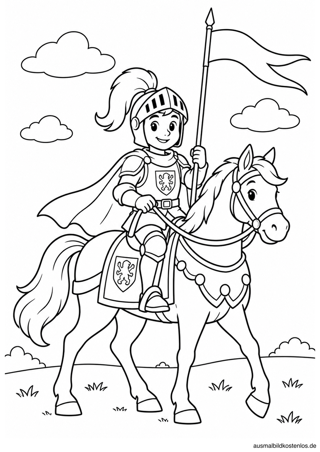 Ritter auf seinem Pferd: Schwarz-Weiß-Ausmalbild mit Pferd, Fahne, Wolken und Rüstung