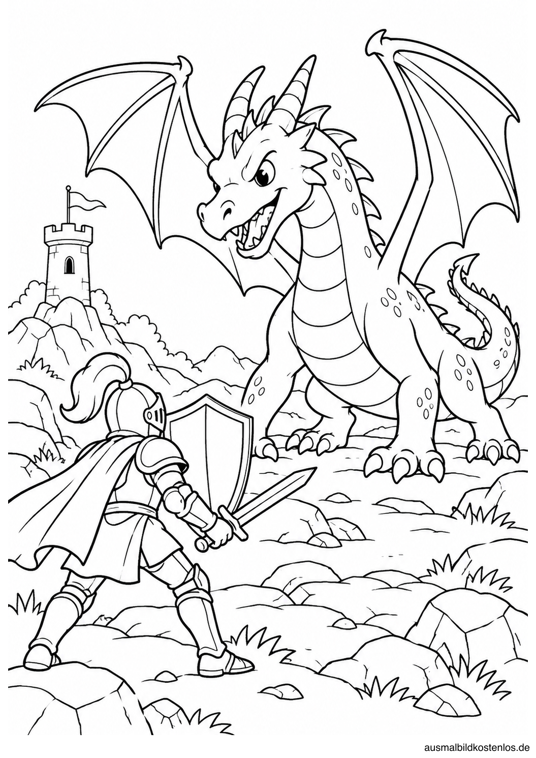 Ritter gegen einen großen Drachen: Schwarz-Weiß-Ausmalbild mit Flügel, Drachenkrallen, Schild und Felsen