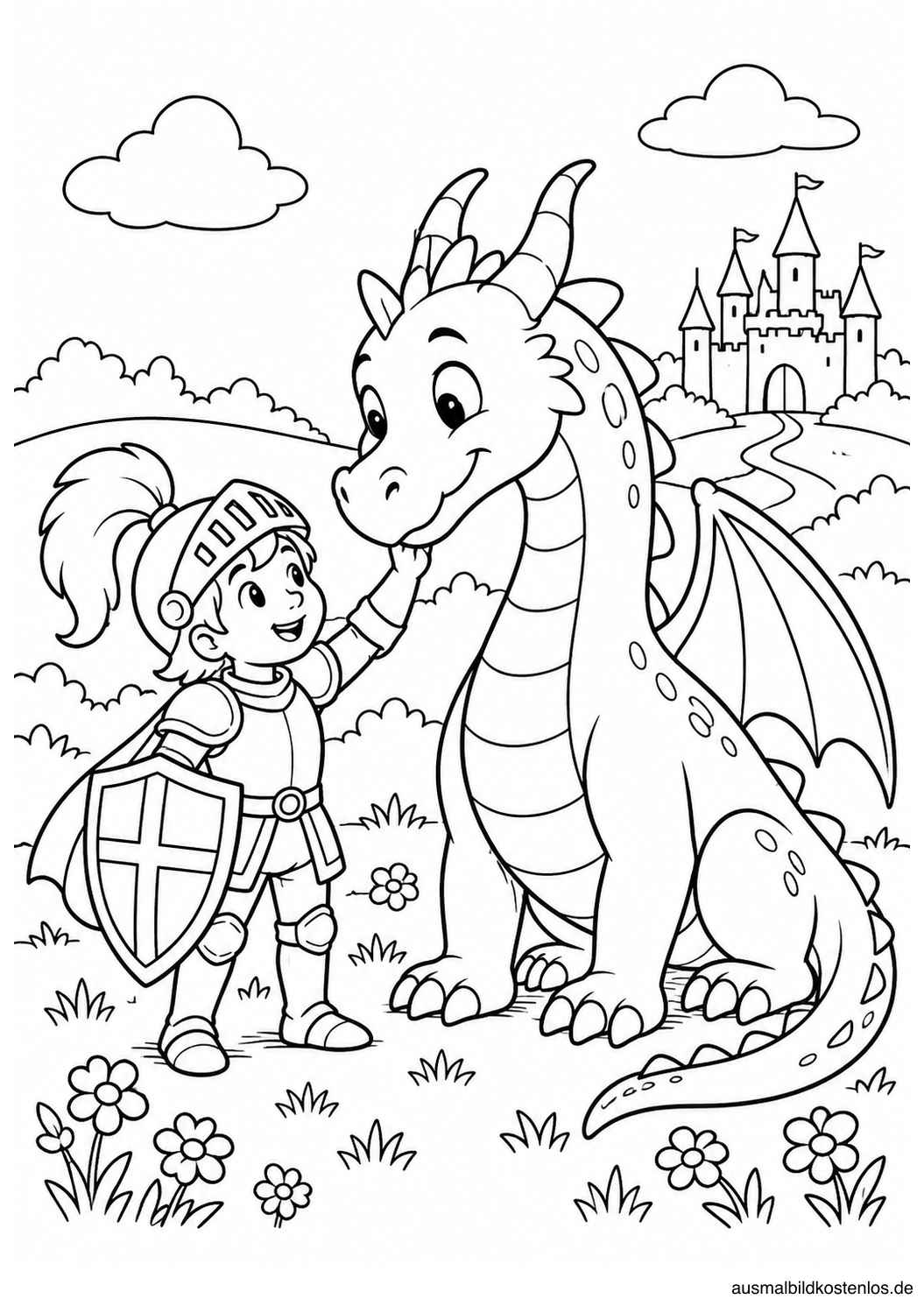 Ritter trifft einen freundlichen Drachen: Schwarz-Weiß-Ausmalbild mit Drachenflügel, Schuppen, Blumen und Rüstung