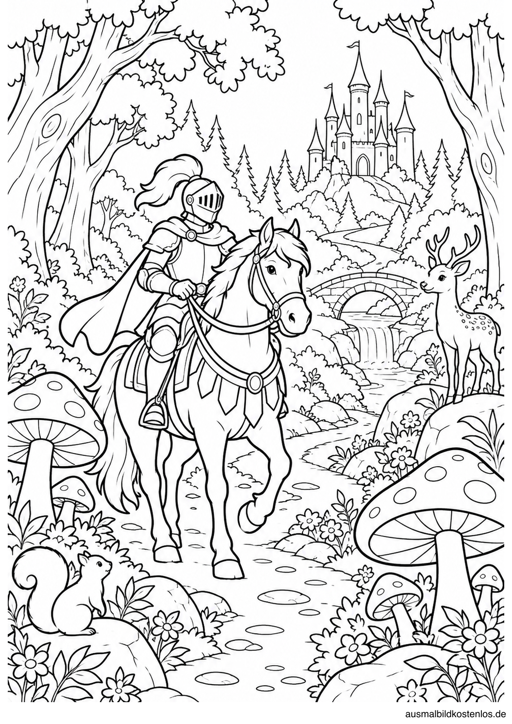 Ritter auf einem Pferd im Zauberwald mit Burg in der Ferne.