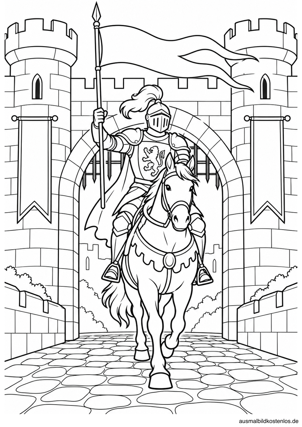Ritter auf dem Pferd mit Banner vor einem Burgtor.