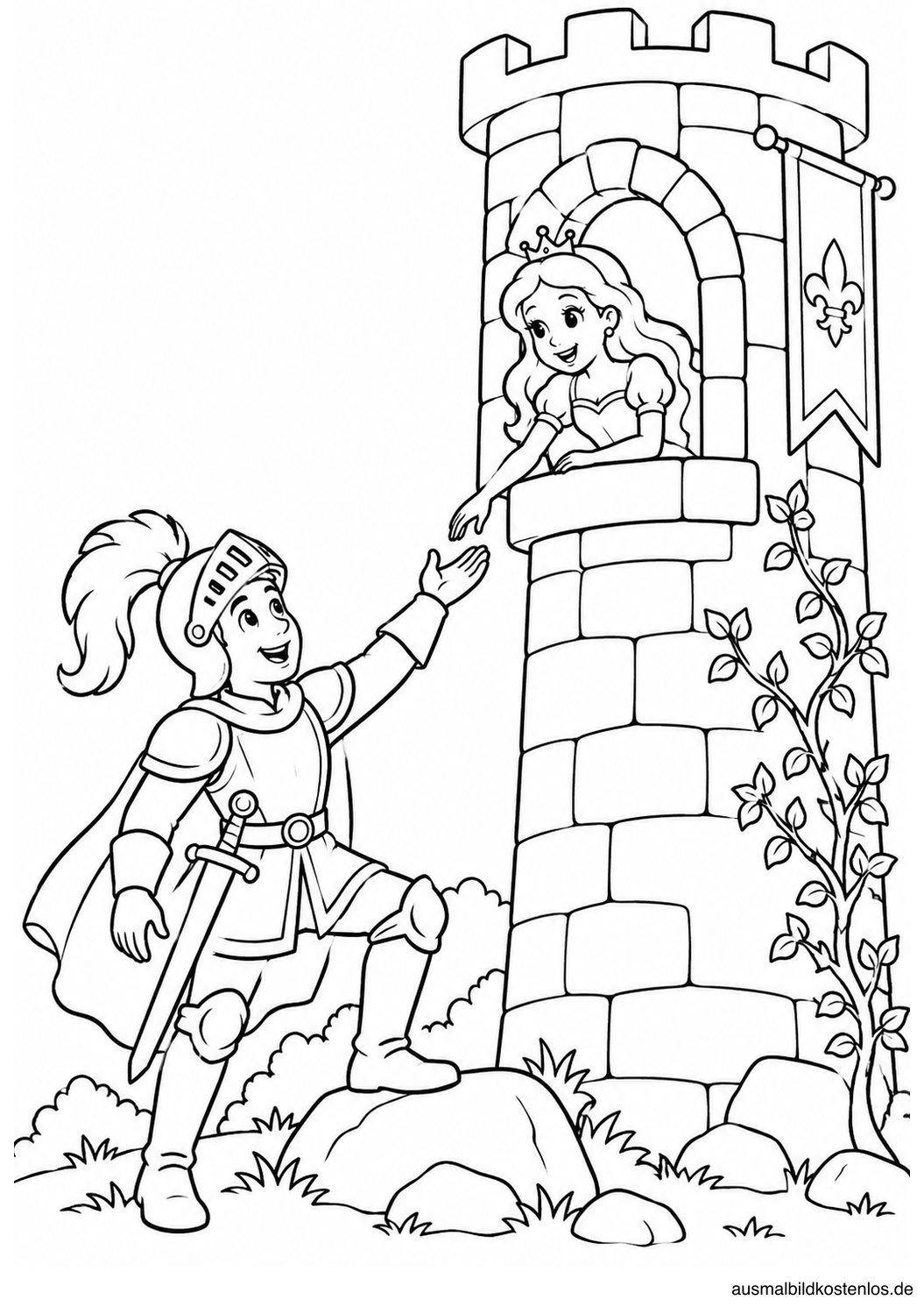 Ritter und Prinzessin am Burgturm: Schwarz-Weiß-Ausmalbild mit Burgturm, Prinzessin, Ritter und Ranken