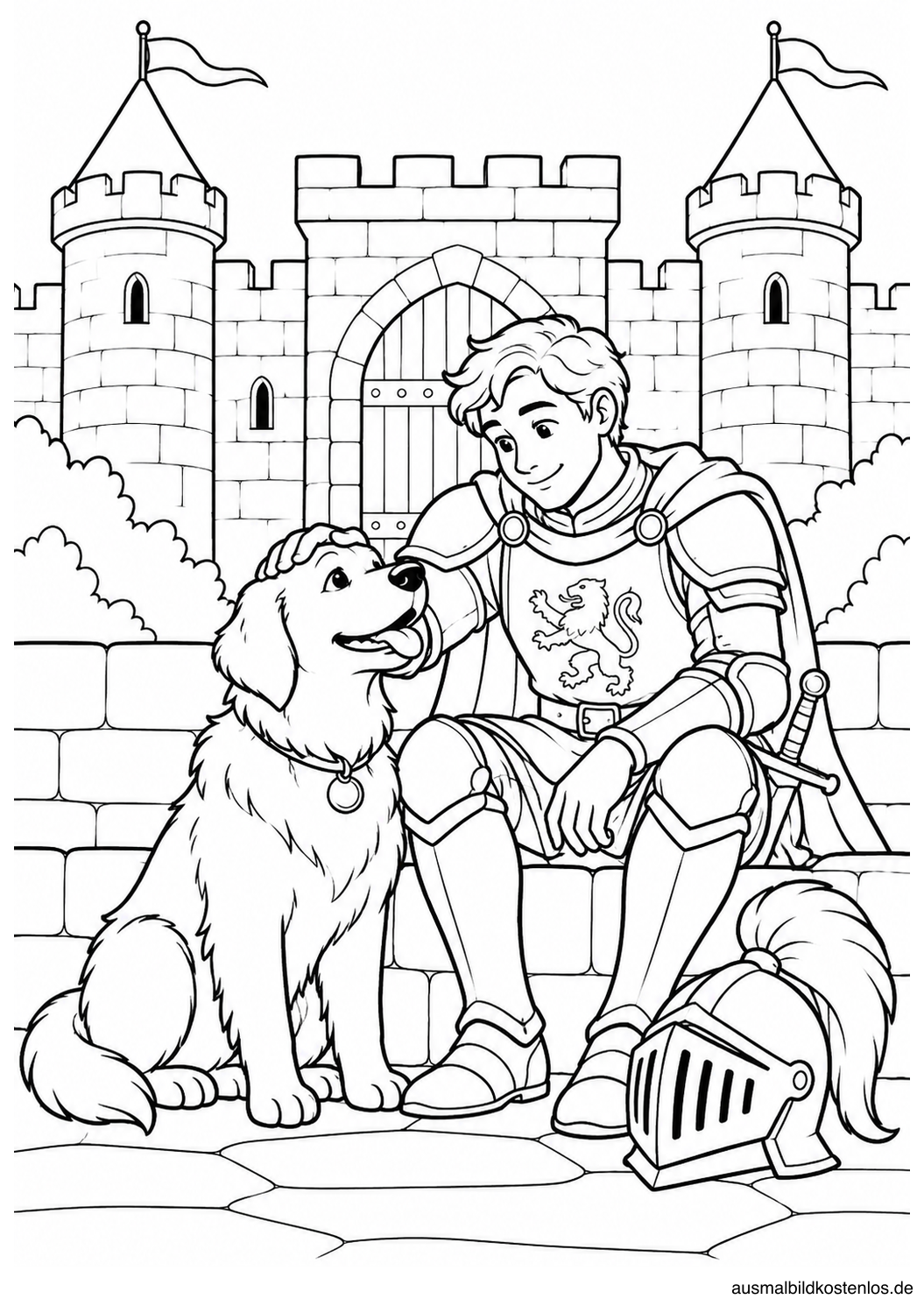 Ritter vor einer Burg mit seinem großen treuen Hund.
