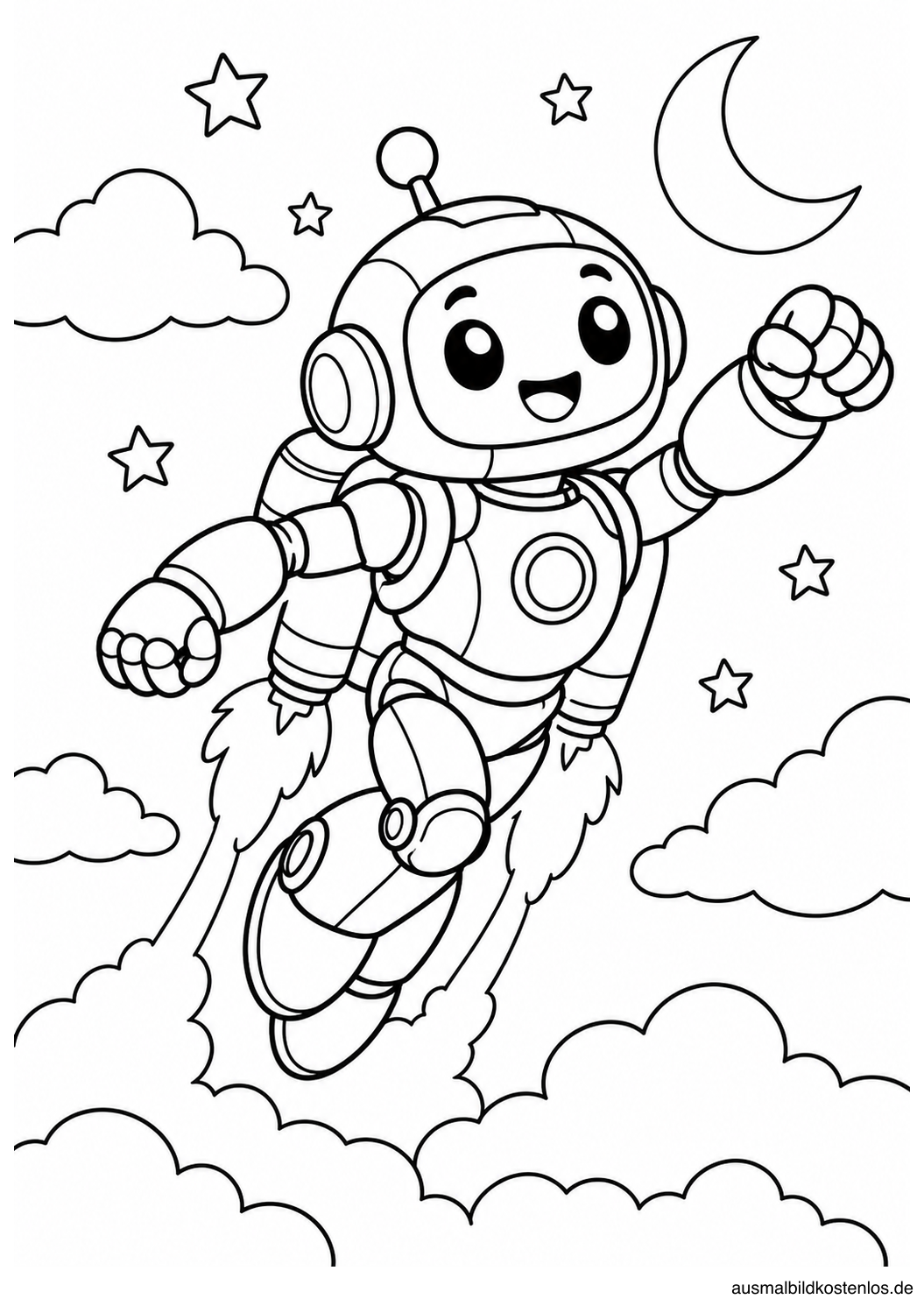 Ein fröhlicher Roboter fliegt mit Raketenantrieb durch Wolken, Sterne und einen großen Mond.