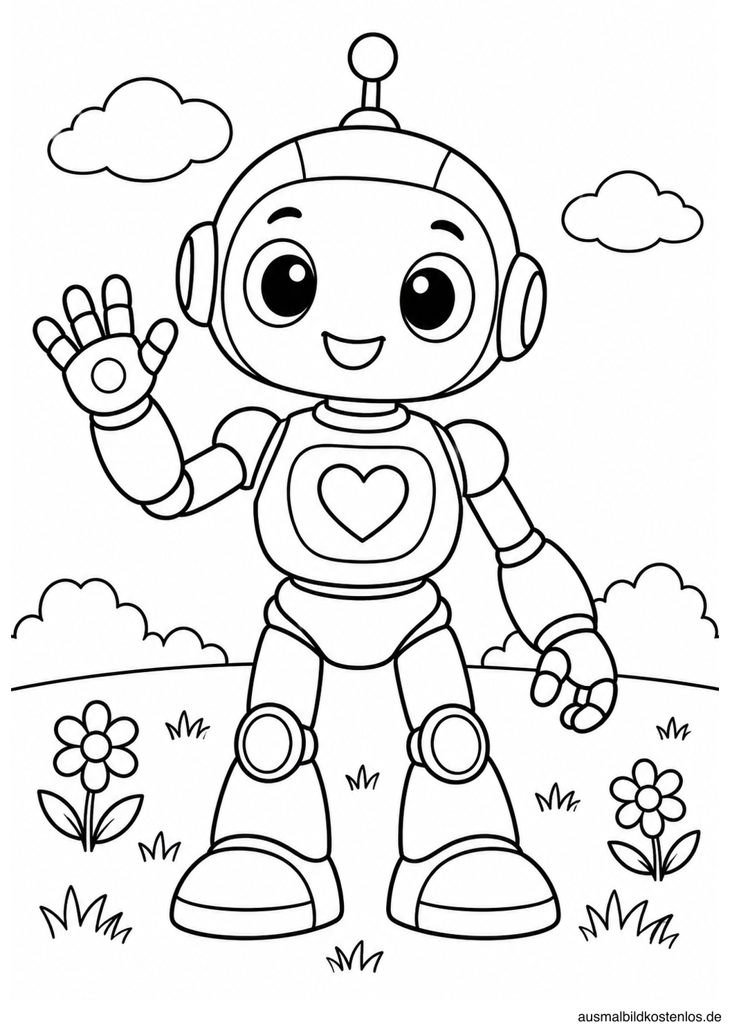 Ein freundlicher Roboter steht auf einer Wiese und winkt zwischen Blumen und Wolken.