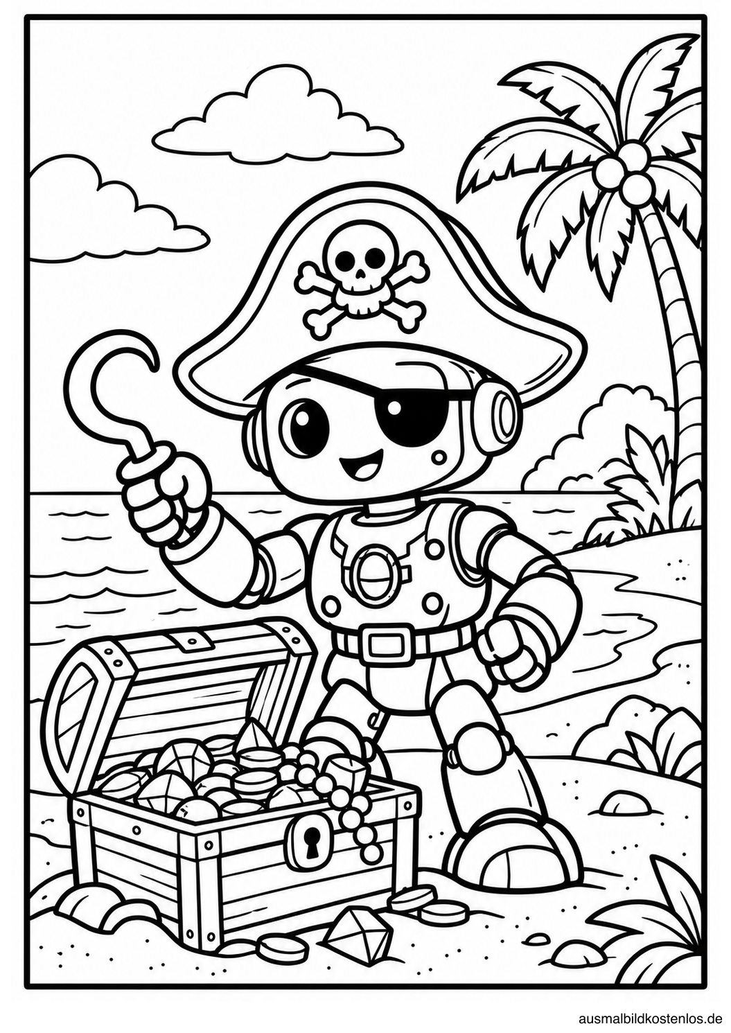 Ein freundlicher Piraten-Roboter mit Hakenhand steht am Strand neben einer offenen Schatzkiste.