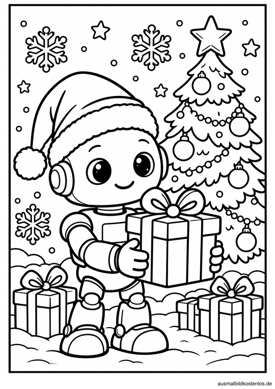 Ein kleiner Roboter mit Weihnachtsmütze hält ein Geschenk vor einem Weihnachtsbaum.
