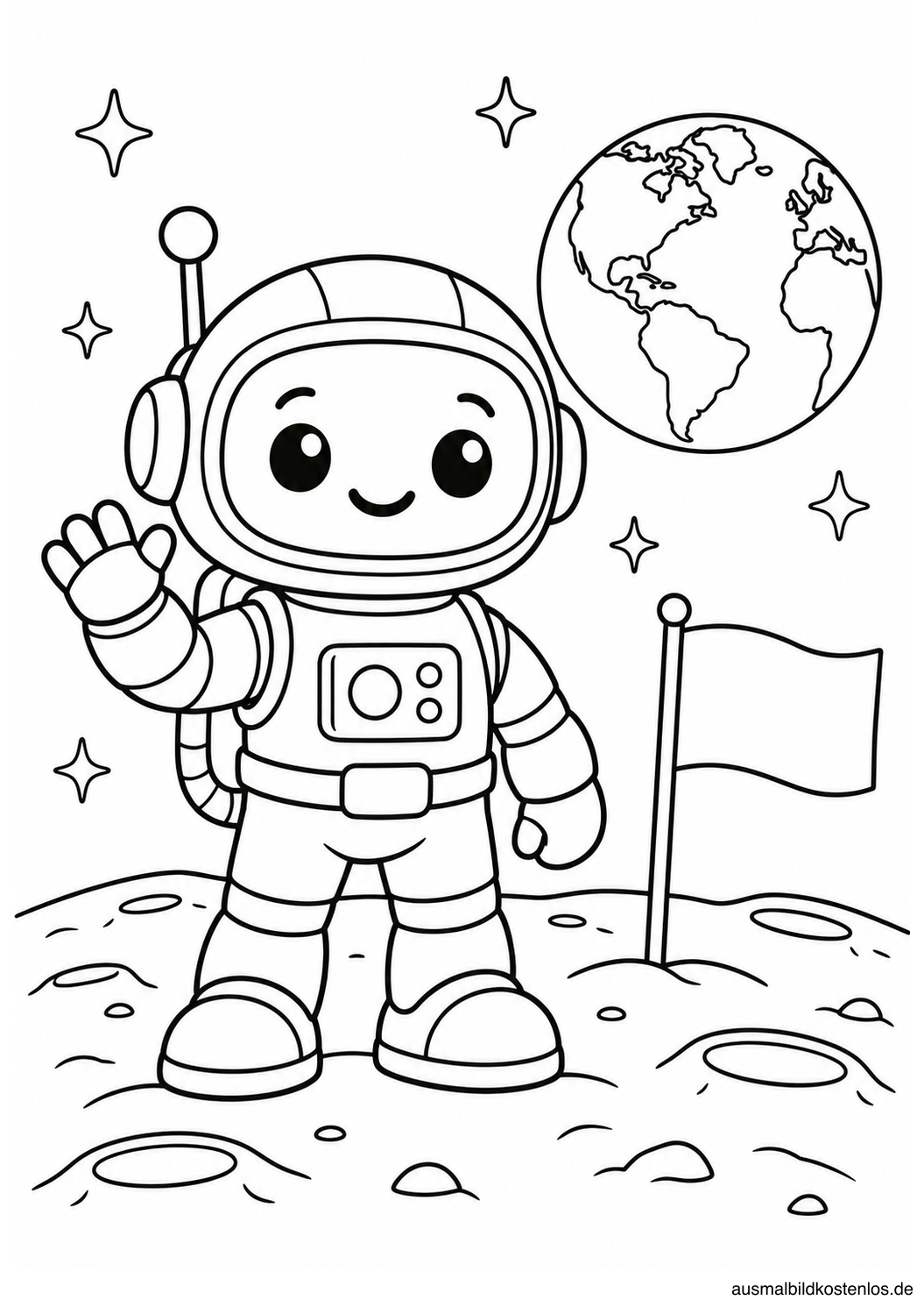 Ein Roboter-Astronaut steht auf dem Mond neben einer Fahne, darüber schweben Sterne und die Erde.