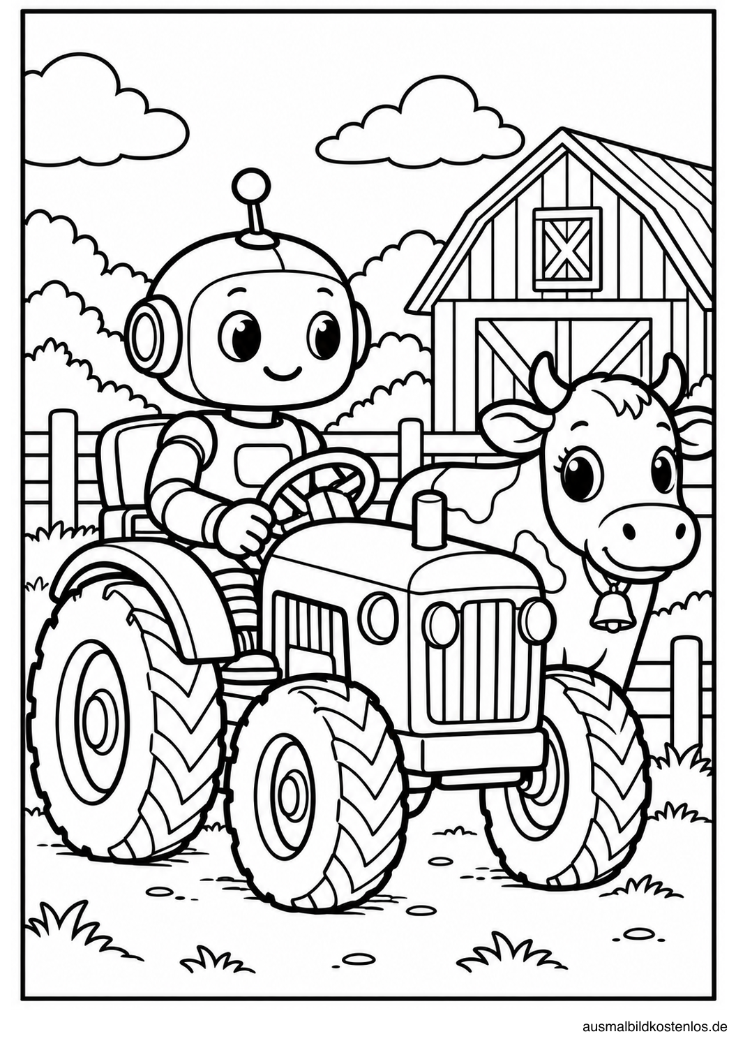 Ein freundlicher Roboter sitzt auf einem Traktor, daneben steht eine Kuh vor einer Scheune.