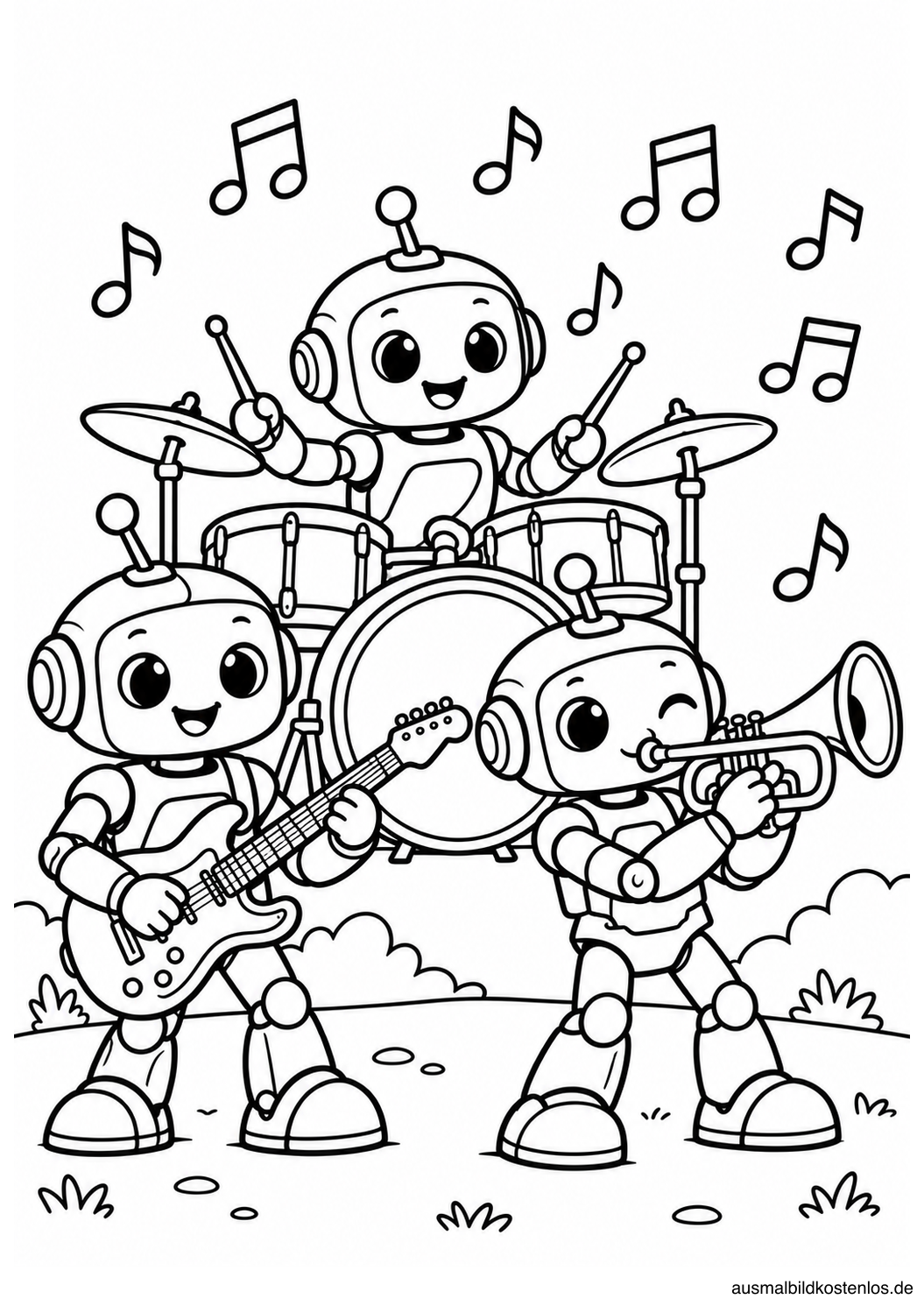 Drei freundliche Roboter spielen Gitarre, Schlagzeug und Trompete, darüber schweben Musiknoten.