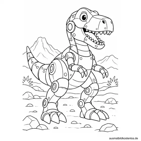 Ein mechanischer T-Rex mit Metallgelenken, Rückenplatten und großen Füßen steht zwischen Felsen.