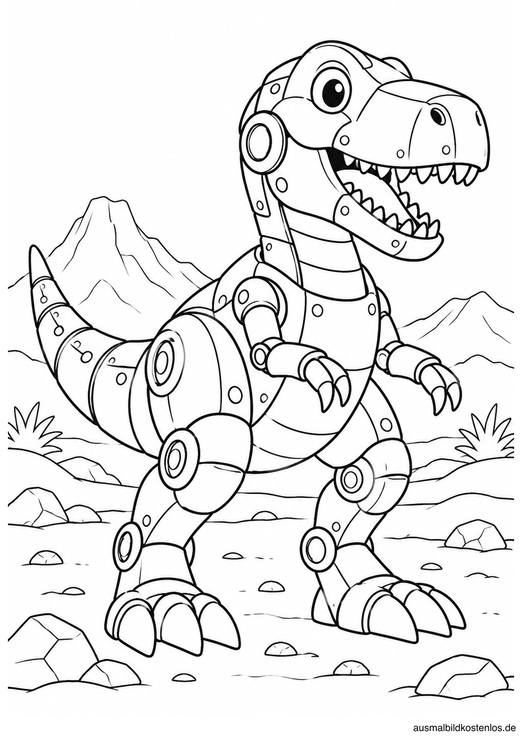 Ein Roboter-Dinosaurier mit großem Kopf und kräftigen Beinen steht in einer Landschaft mit Bergen und Steinen.