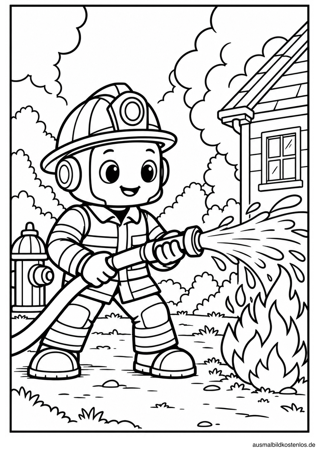 Ein freundlicher Roboter als Feuerwehrmann löscht mit einem Wasserschlauch ein kleines Feuer.