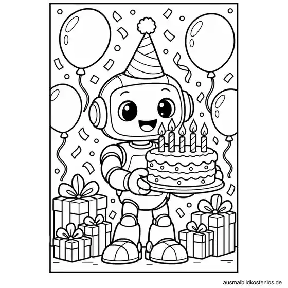 Ein Roboter mit Partyhut trägt einen Geburtstagskuchen zwischen Luftballons und Geschenken.
