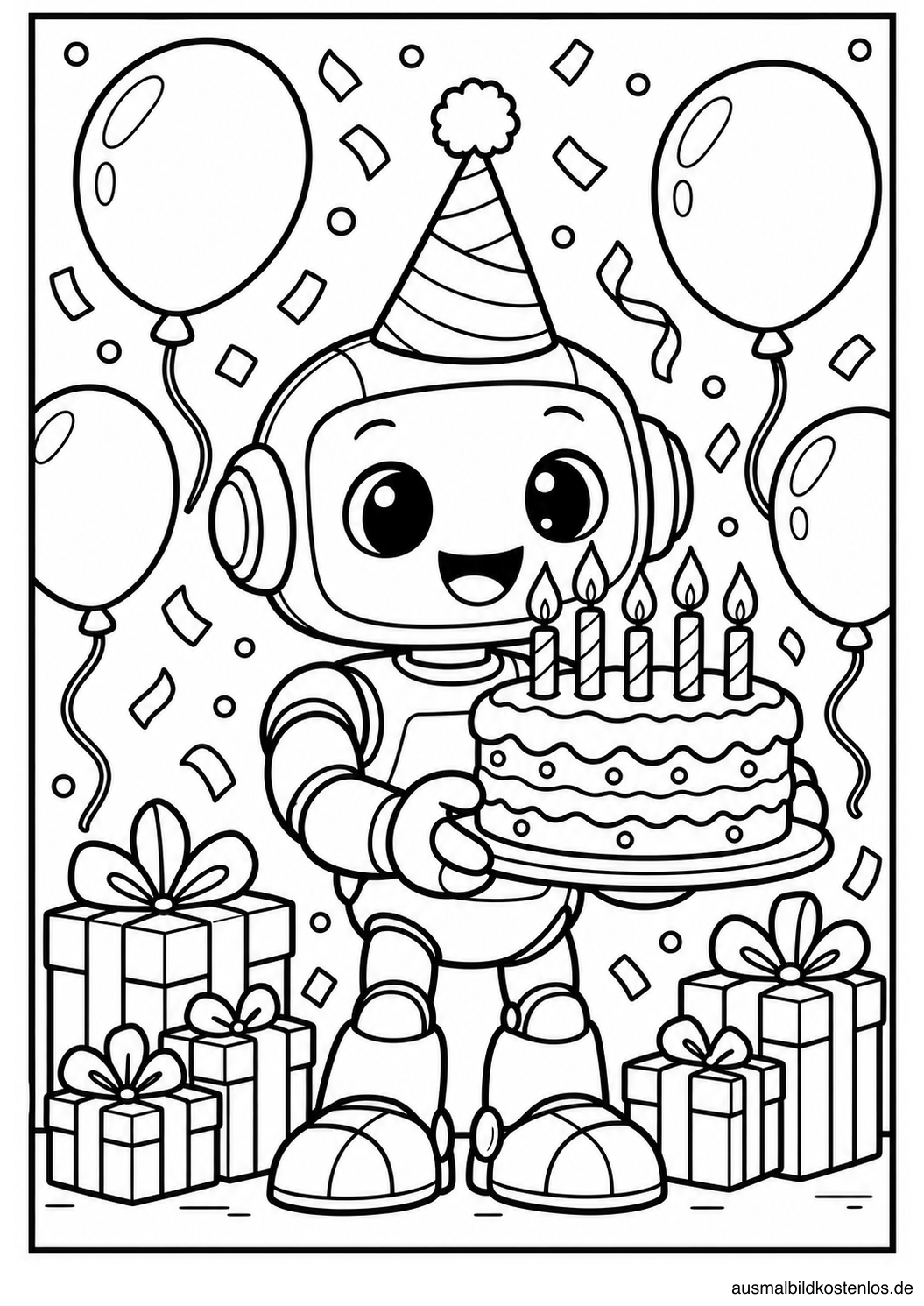 Ein fröhlicher Roboter mit Partyhut hält einen Geburtstagskuchen, umgeben von Ballons und Geschenken.