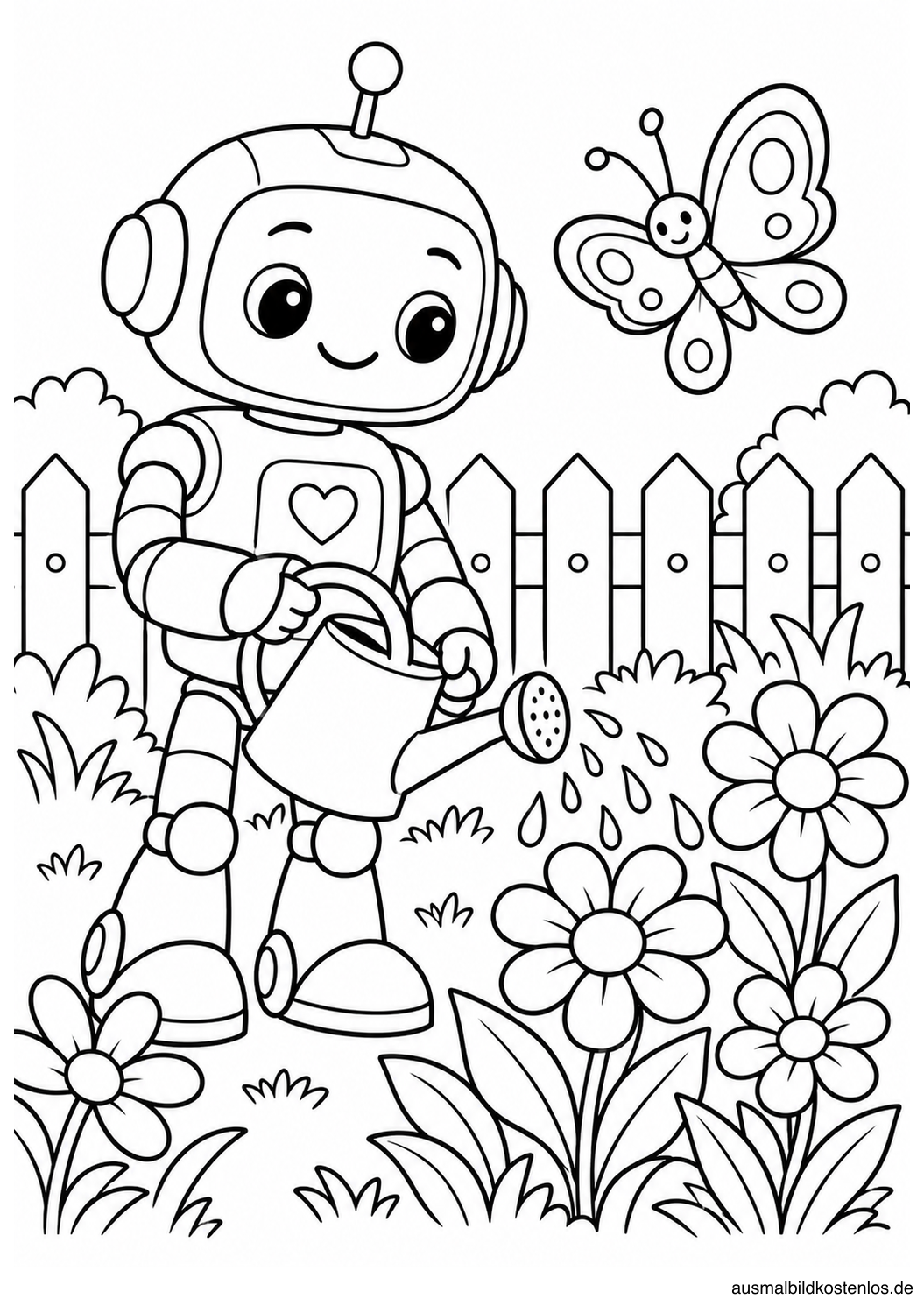 Ein freundlicher Roboter gießt Blumen vor einem Gartenzaun, darüber fliegt ein Schmetterling.